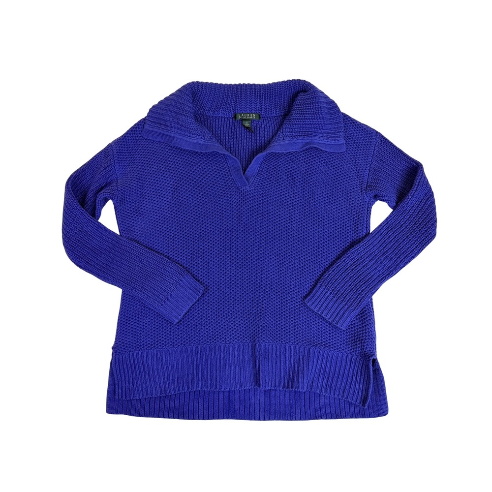Lauren Ralph Lauren Sweater Women S Cobalt Blue Collared V-Neck Ribbed Knit
